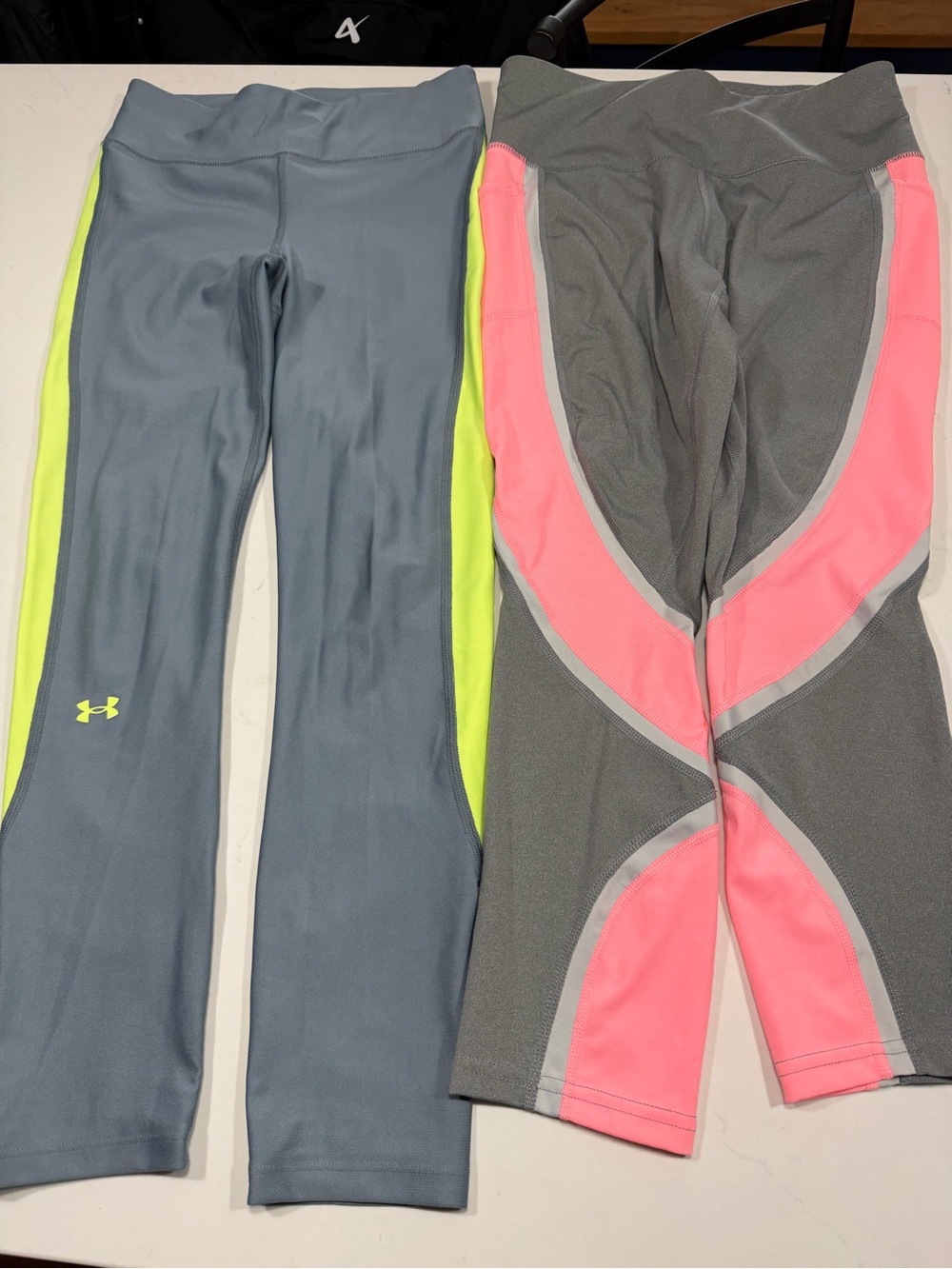 Under Armour and Avis Gray 7/8 Leggings with Neon Yellow Stripe and coral stripe